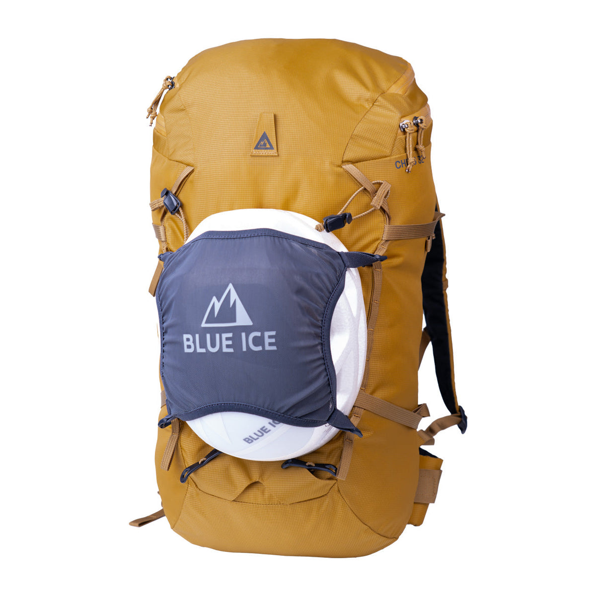 Blue Ice Helmet Holder attached to pack