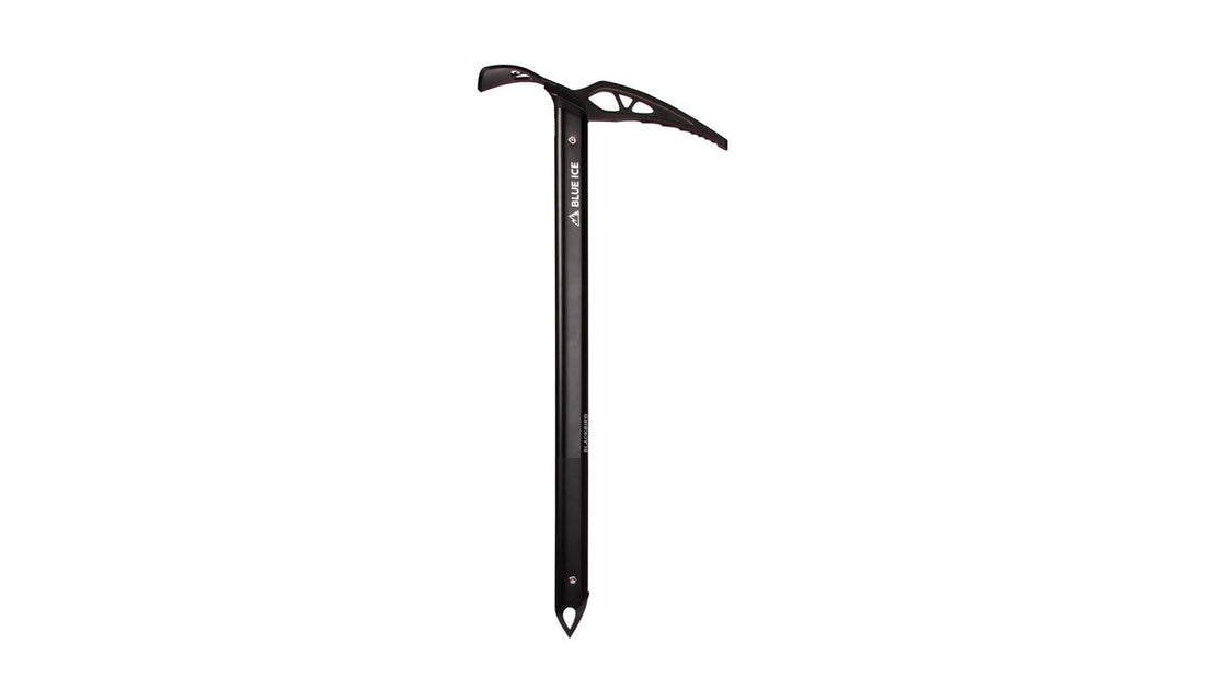 Blue Ice Blackbird ice axe fully visible and centred on white