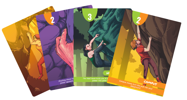 Colourful illustrated Boulder Bluff climbing cards