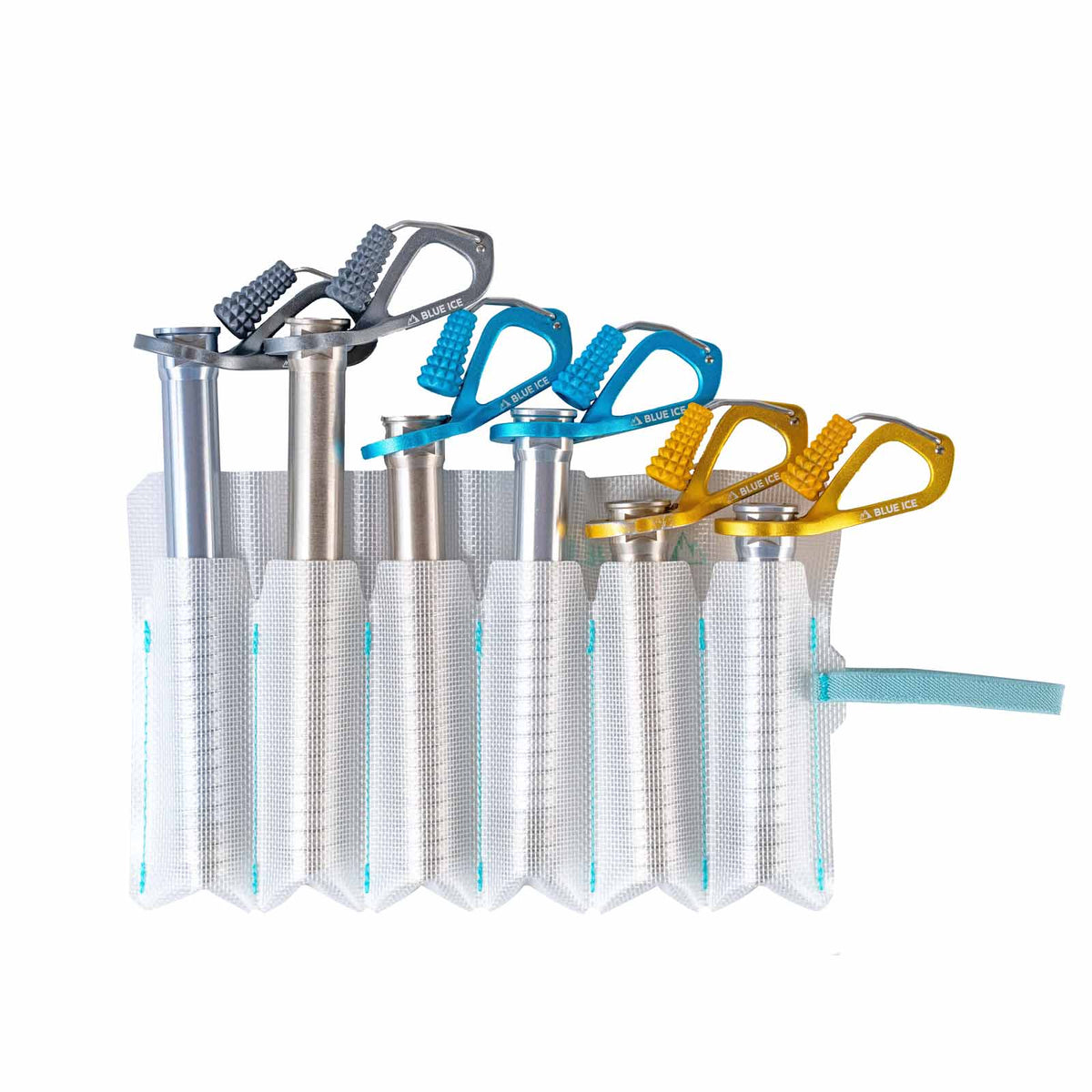 Blue Ice Roll Up Ice Screw Holder - open with screws