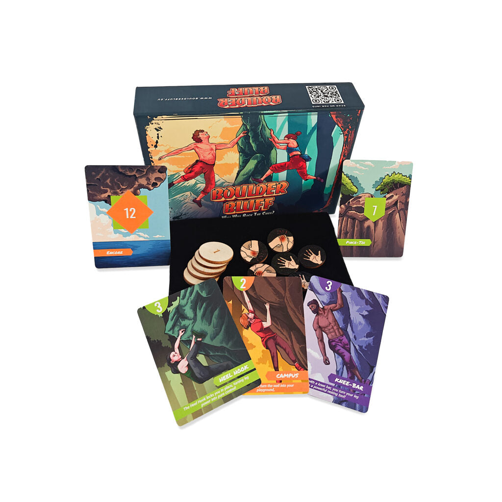 Boulder Bluff box, illustrated route and move cards, chalk bag and wooden tokens