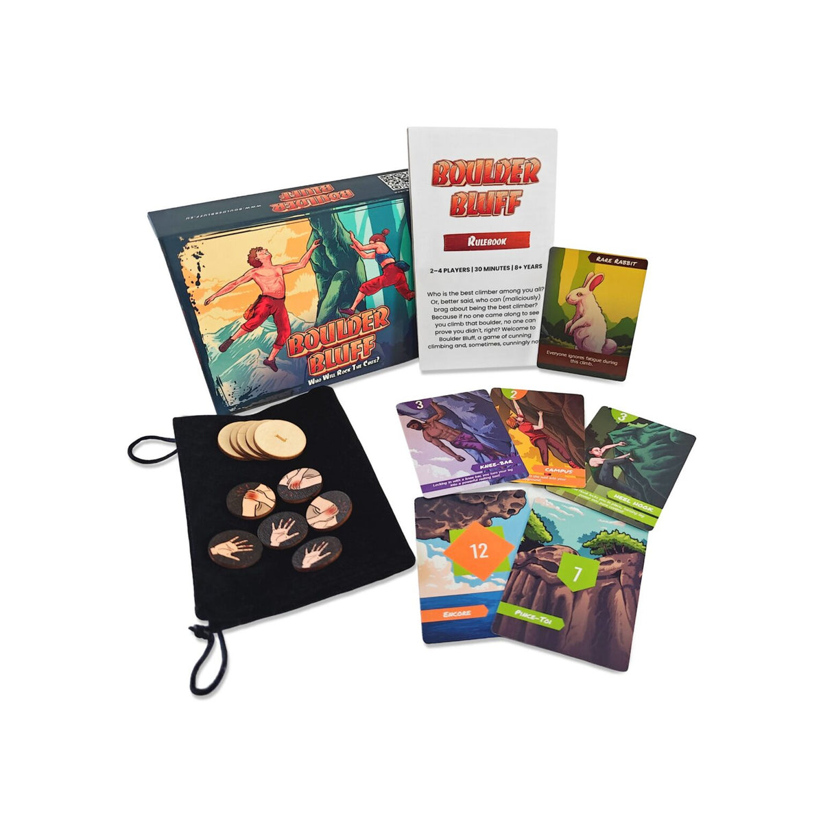 Boulder Bluff card game box with illustrated cards, wooden tokens, rulebook and chalk bag