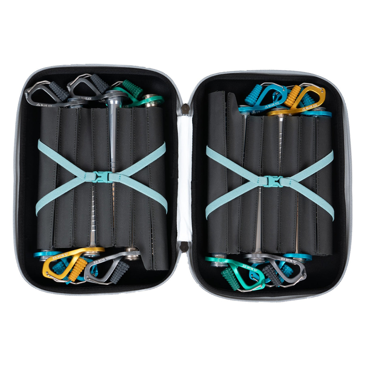 Blue Ice Screw Keeper zipped ice screw case - open with screws