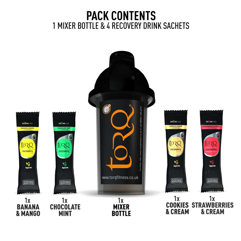 TORQ Recovery Mixer Bottle & 4 Sachet Sample Pack – Mixed Flavour Recovery Drinks
